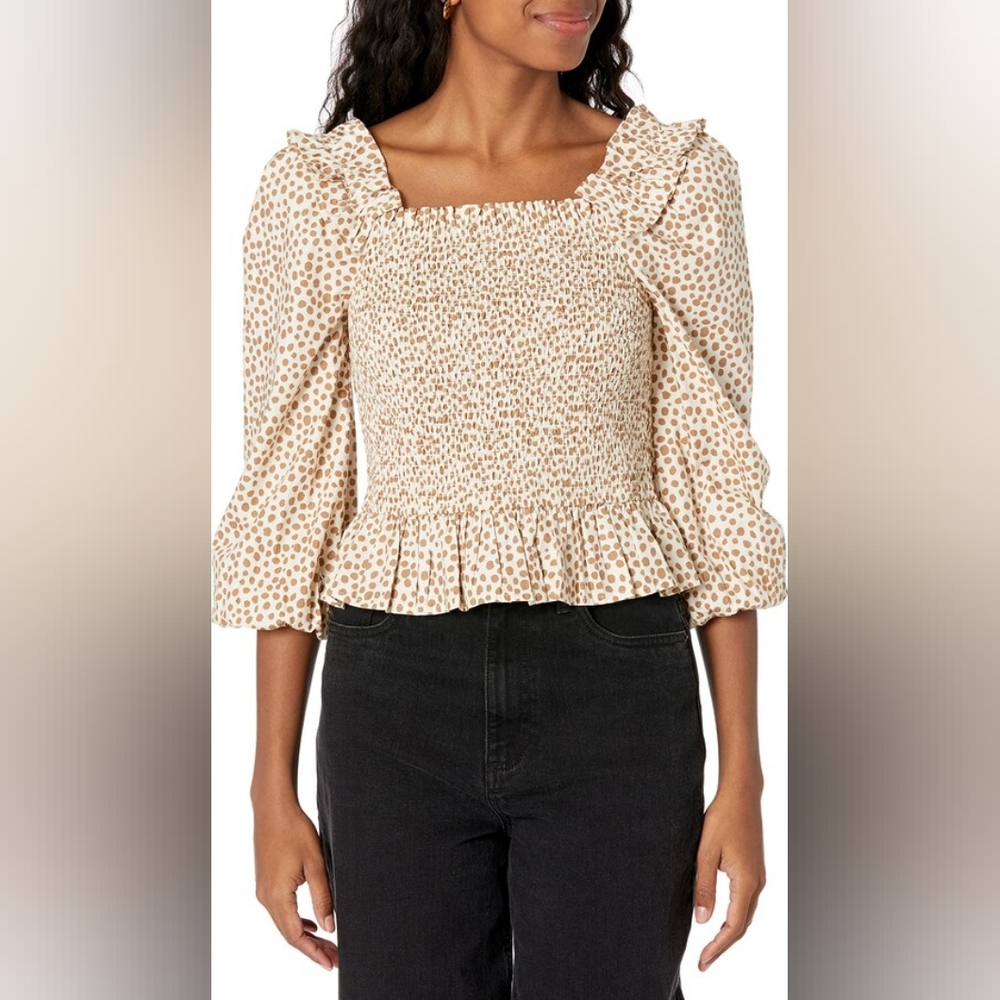 The Drop Marisol Long Sleeve‎ Ruffle Smocked Top Cream and Brown Dot